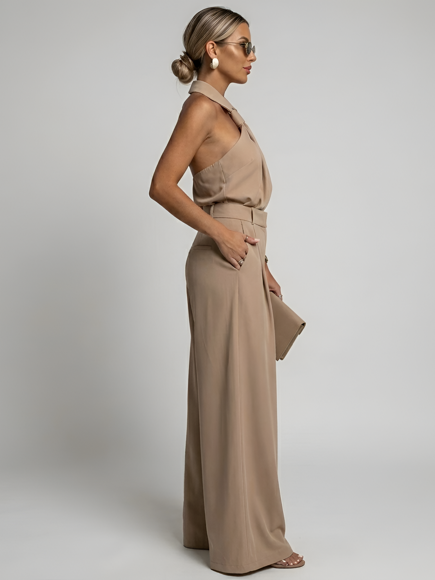 Women’s Halter Neck Wide-Leg Jumpsuit – Twist Front with Belted Waist