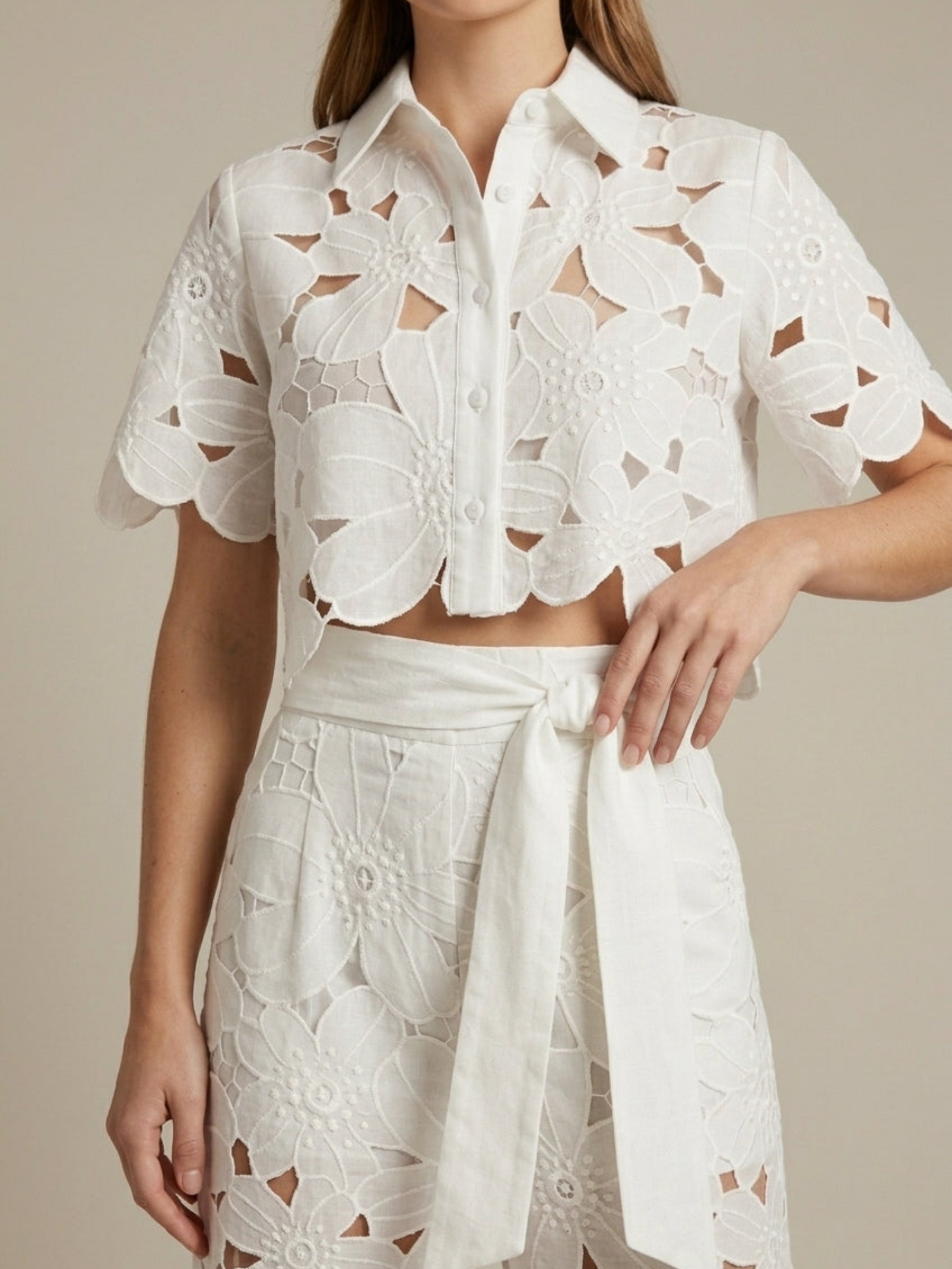 Women’s Lace Two-Piece Set – Cape Overlay Crop Top – Wide-Leg Trousers