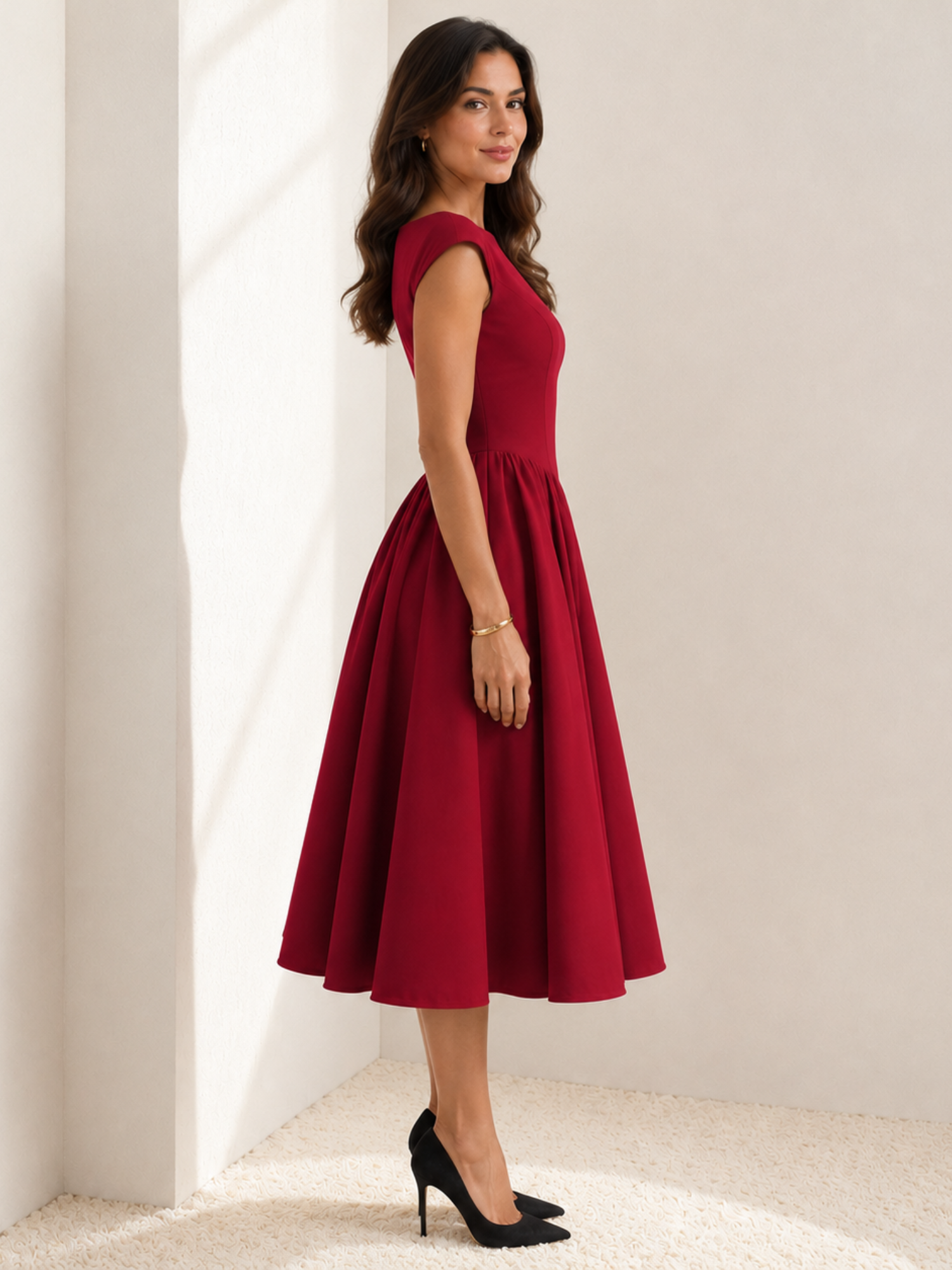 Women's Midi Dress with Cap Sleeves and Boat Neck