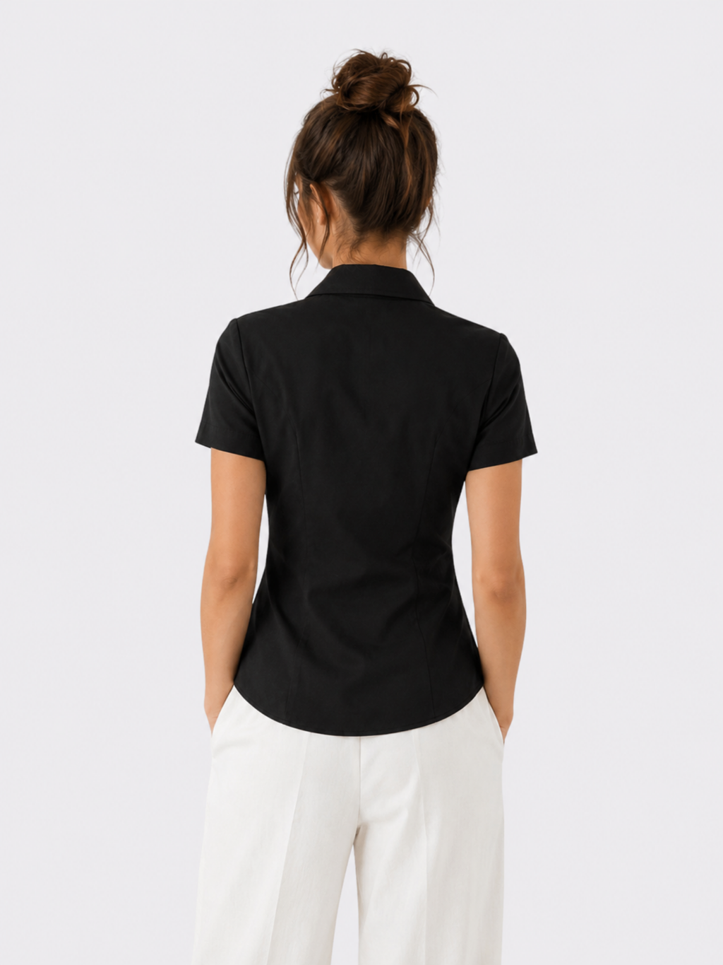 Women’s Short-Sleeve Button-Up Blouse – Slim Fit, Structured Design