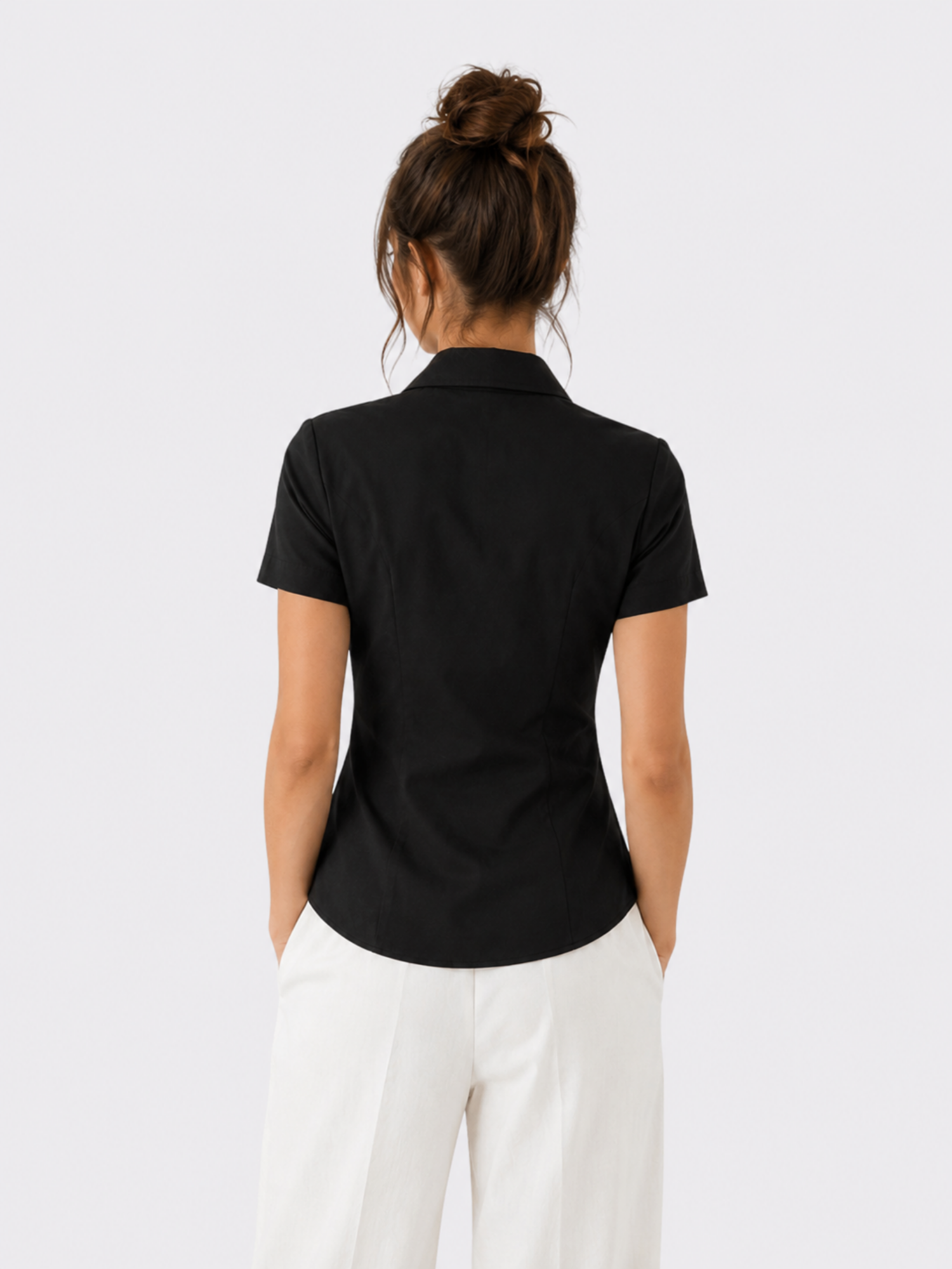 Women’s Short-Sleeve Button-Up Blouse – Slim Fit, Structured Design