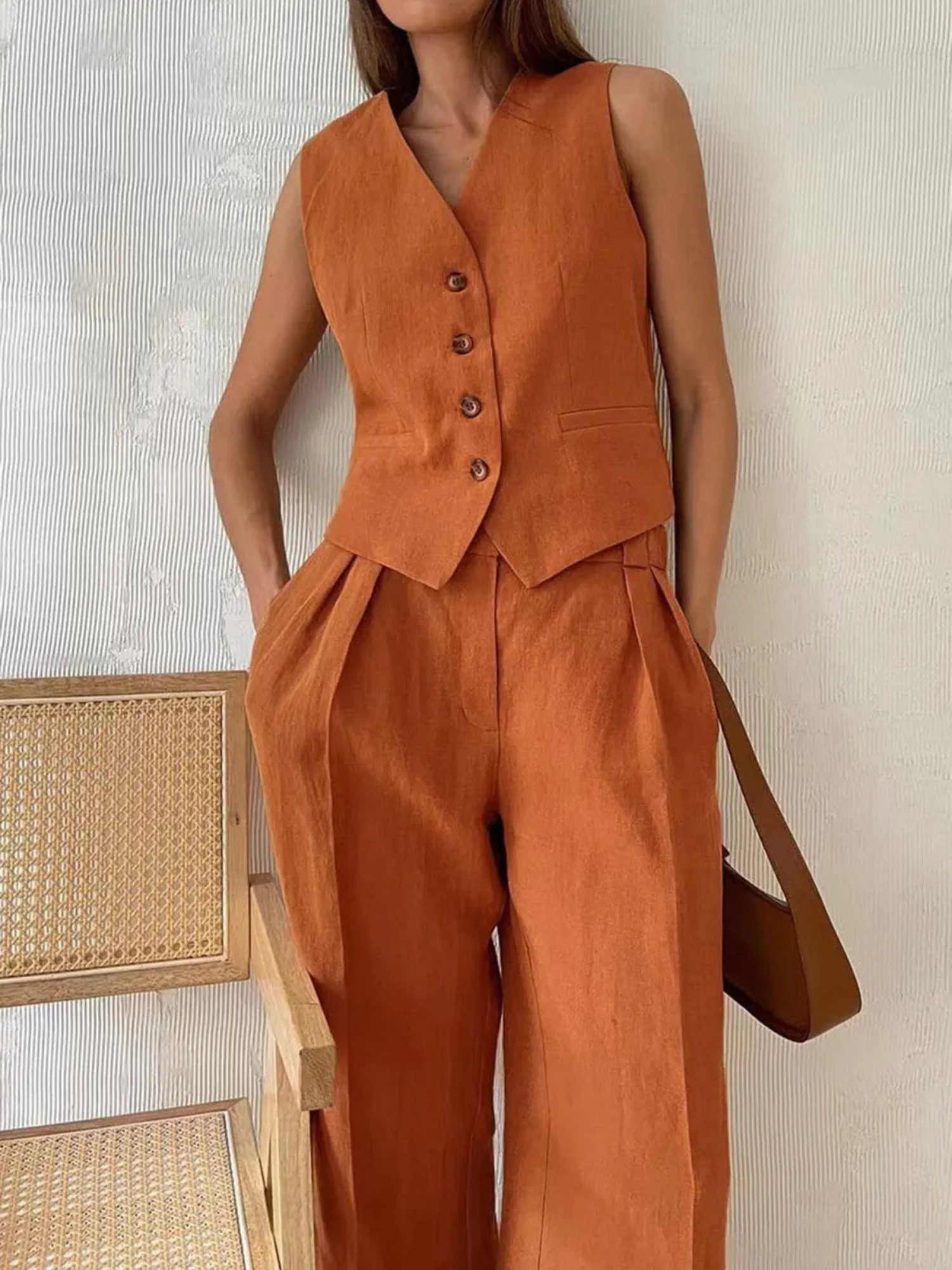 Women’s Sleeveless Button Front Vest & High-Waist Wide-Leg Trouser Set