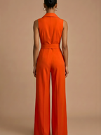 Women’s Sleeveless Wide-Leg Jumpsuit – Collar Neck – Button Front – Waist Tie