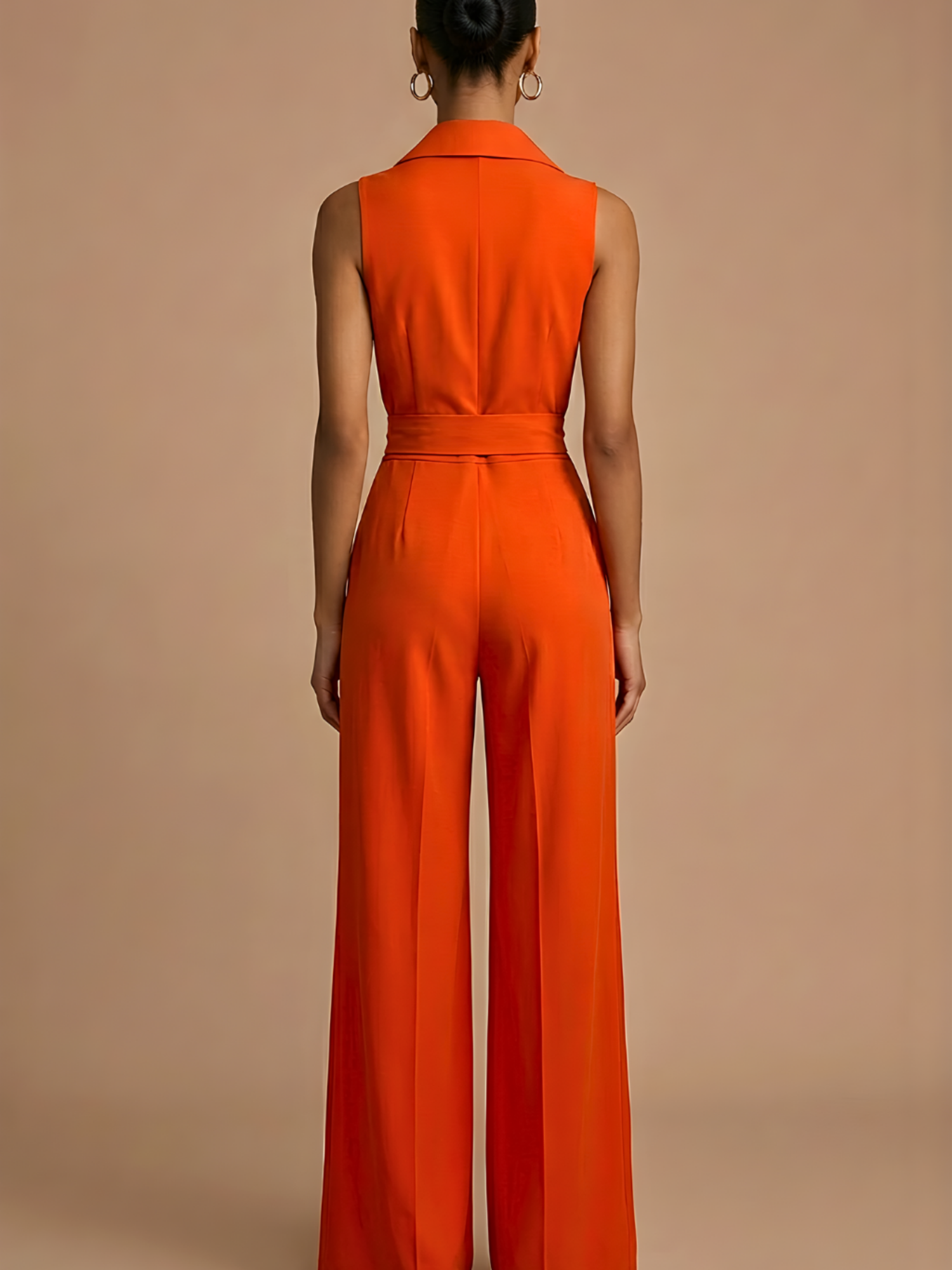 Women’s Sleeveless Wide-Leg Jumpsuit – Collar Neck – Button Front – Waist Tie