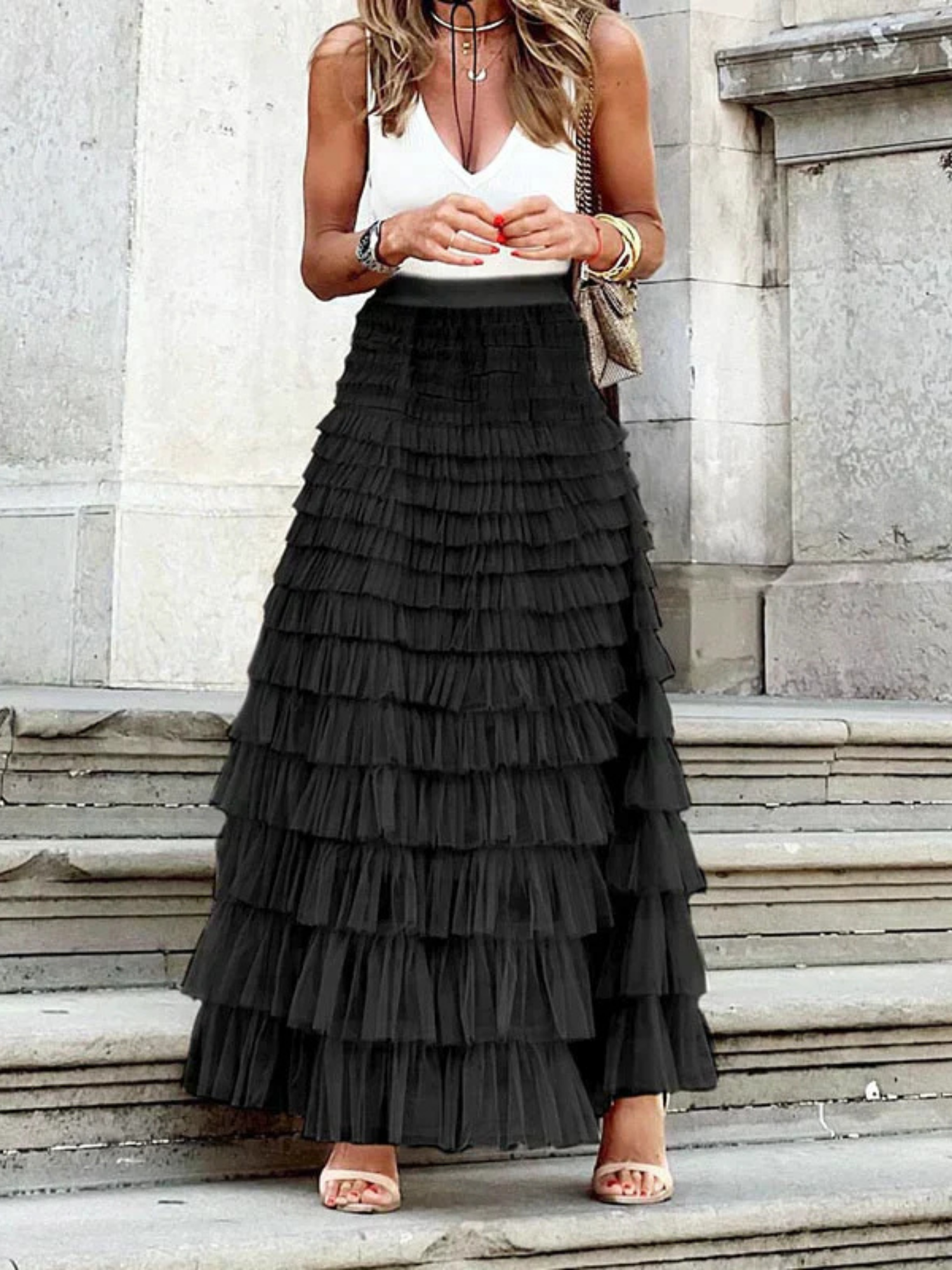 Women’s Tiered Maxi Skirt – High-Waist Elasticated Multi-Layer Design