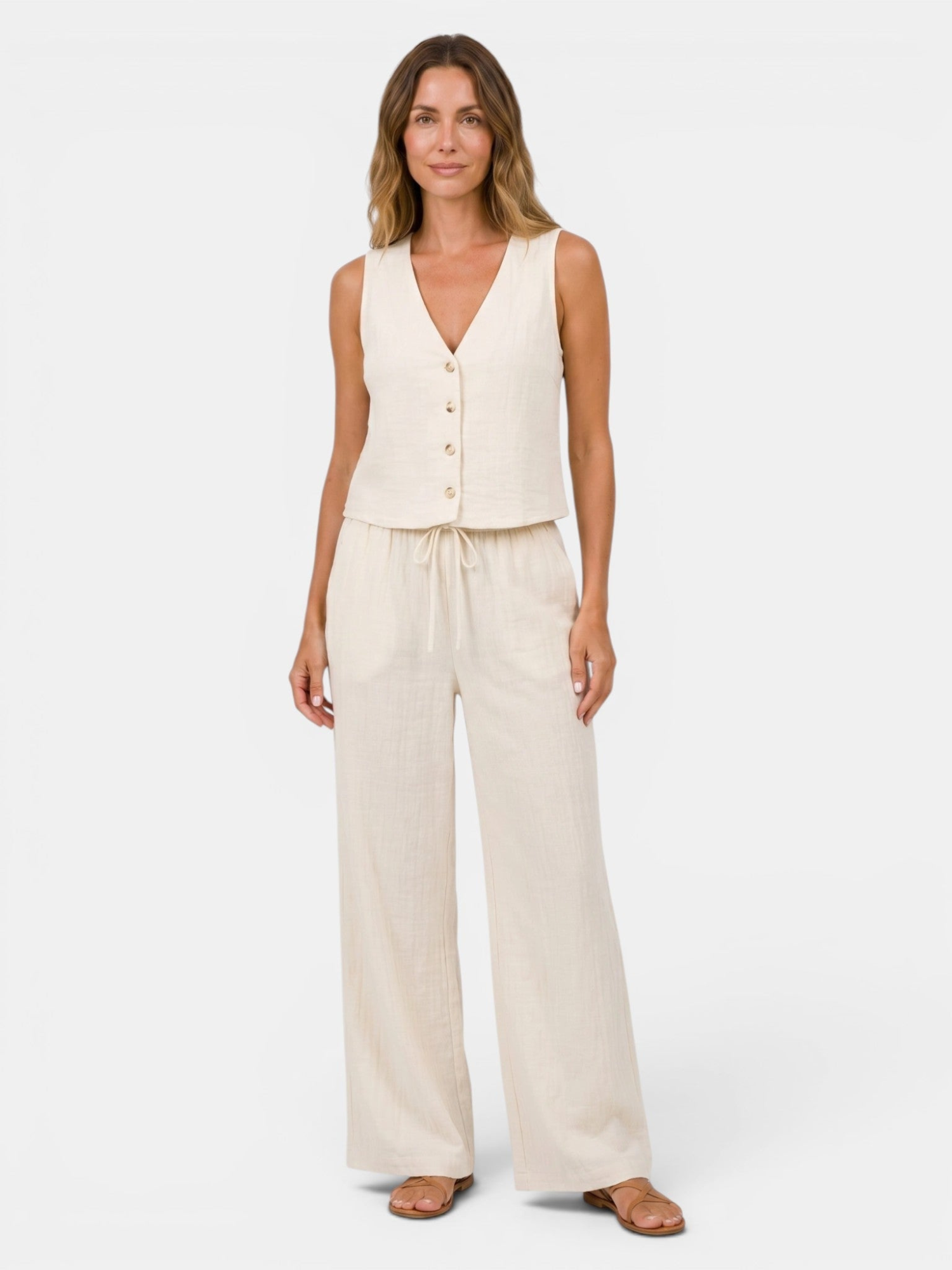 Women’s V-Neck Waistcoat and Wide-Leg Trousers Set