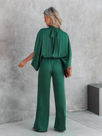 Women’s Wide-Leg Jumpsuit – Mock Neck with Split Cape Sleeves and Elasticated Waist