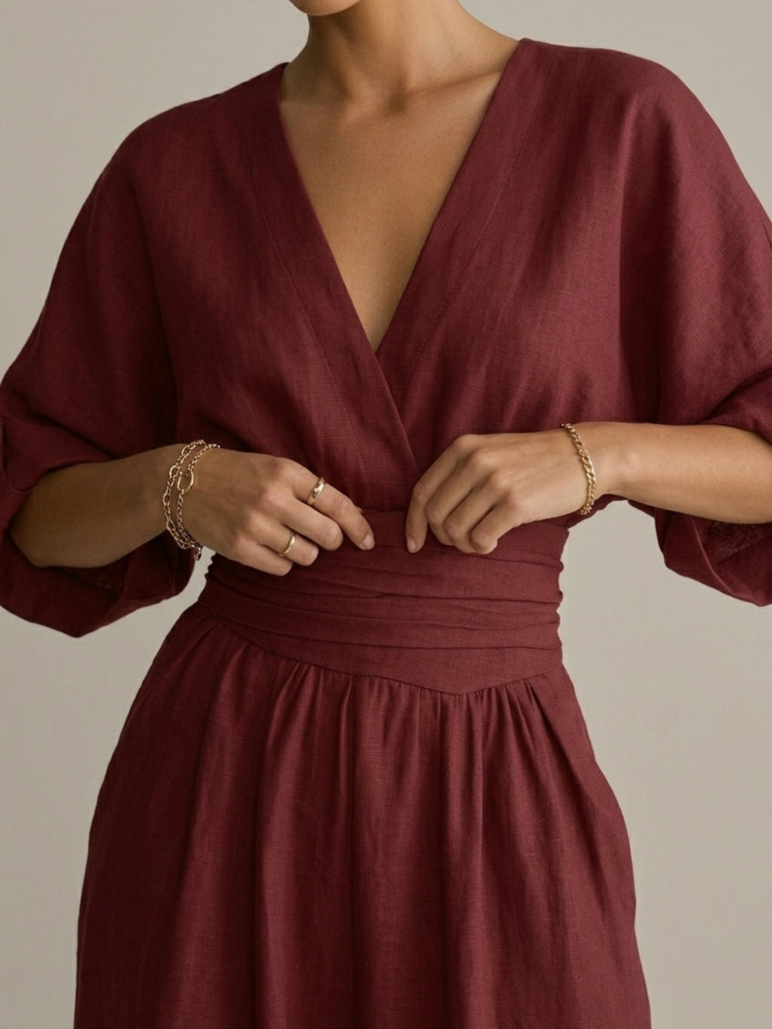 Women’s Wide-Leg Wrap Jumpsuit – V-Neck with Three-Quarter Sleeves