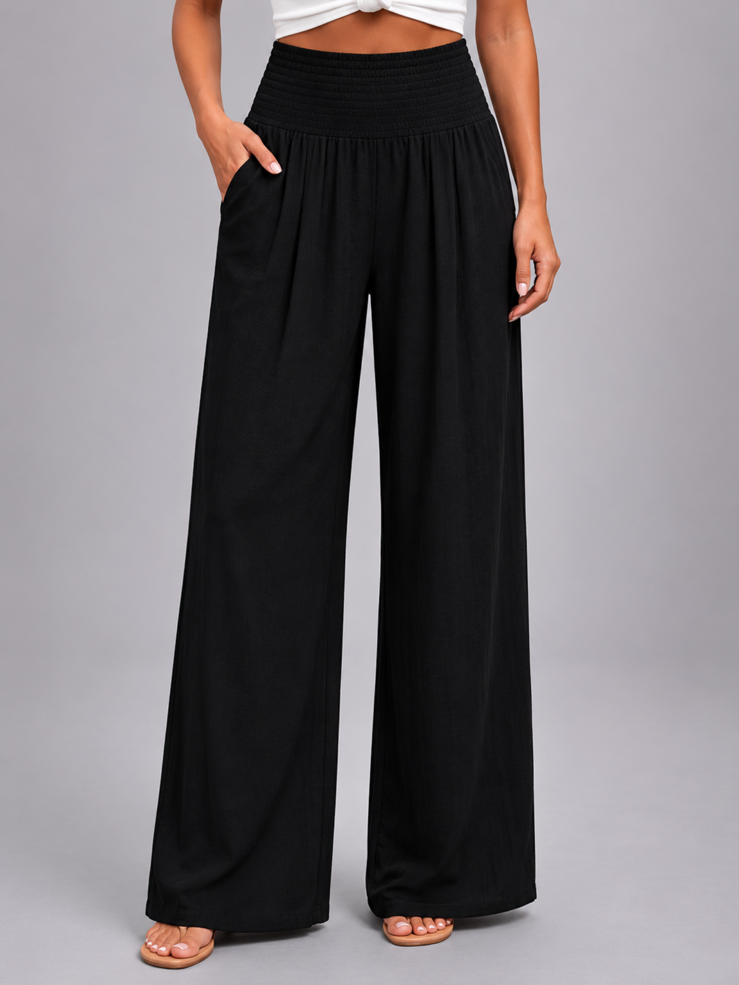 Women’s Wide Leg Trousers – Smocked High Waist Design