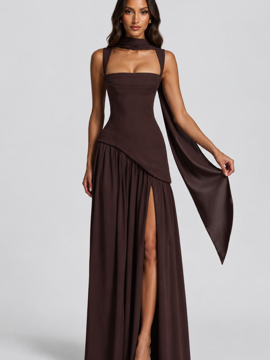 Draped Satin Maxi Dress – Modern Sculpted Elegance