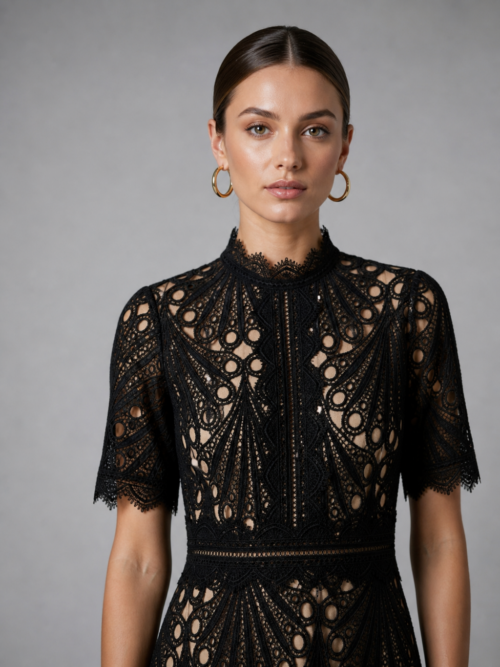 Elegant Lace Midi Dress – Refined High Neck A-Line Silhouette