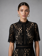 Elegant Lace Midi Dress – Refined High Neck A-Line Silhouette