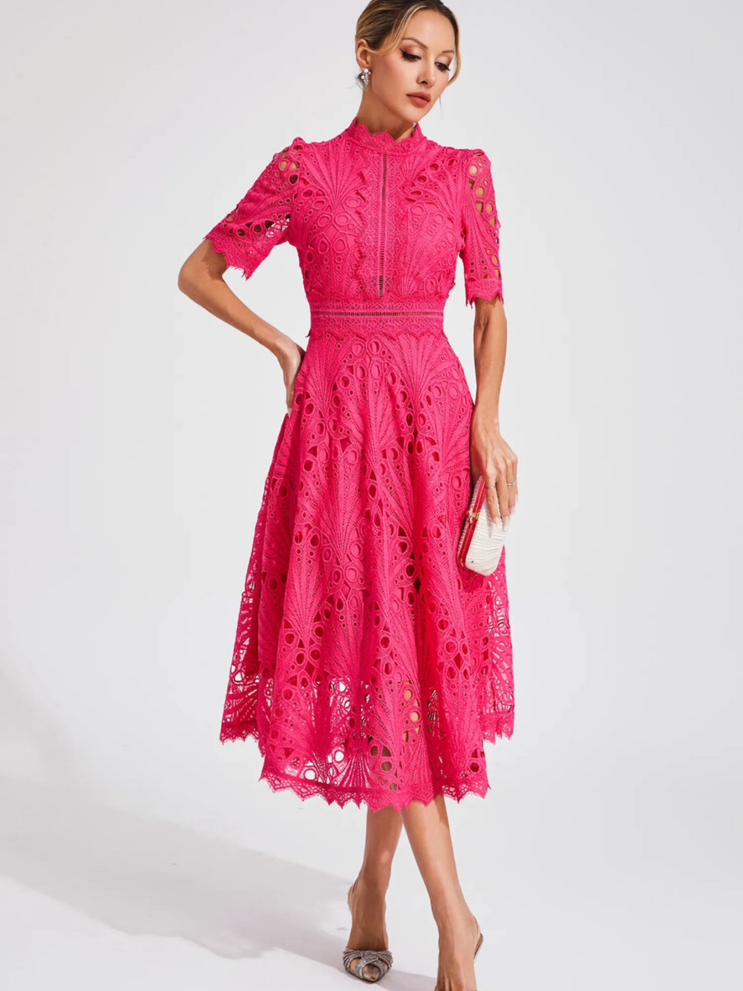 Women's Embroidered High Neck A-Line Midi Dress