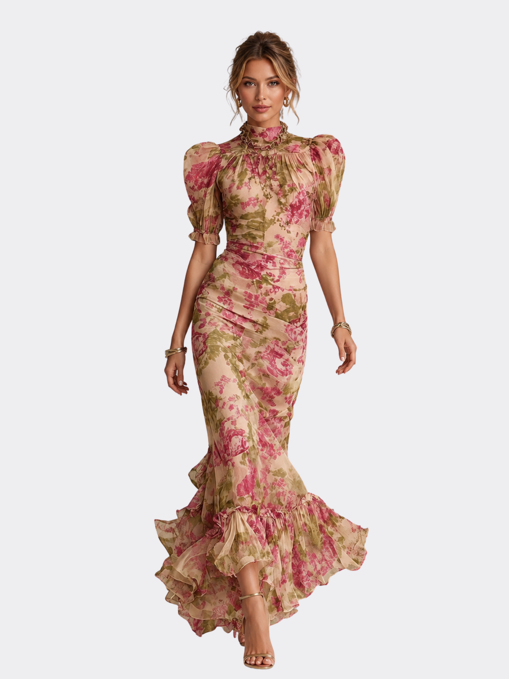 Women's Floral Chiffon Maxi Dress – Romantic Puff Sleeve Fishtail Elegance