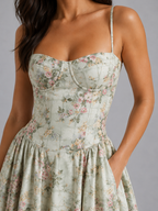 Floral Corset Midi Dress – Romantic Wedding Guest Elegance