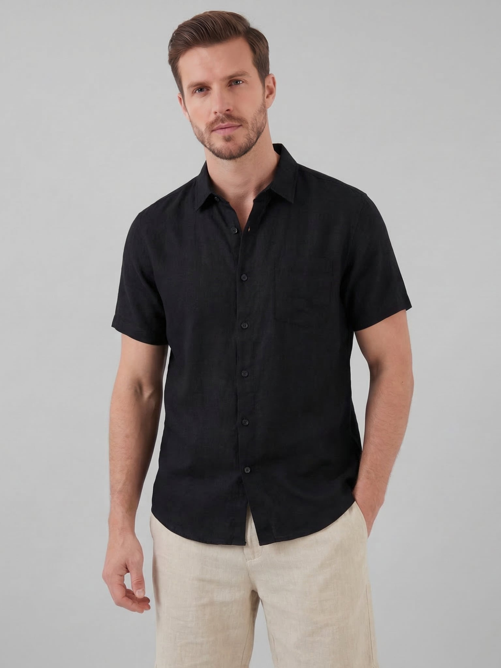 Men’s Short-Sleeve Linen Shirt with Button Closure