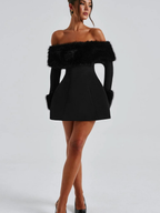 Women's Off-Shoulder Mini Dress with Faux Fur Trim