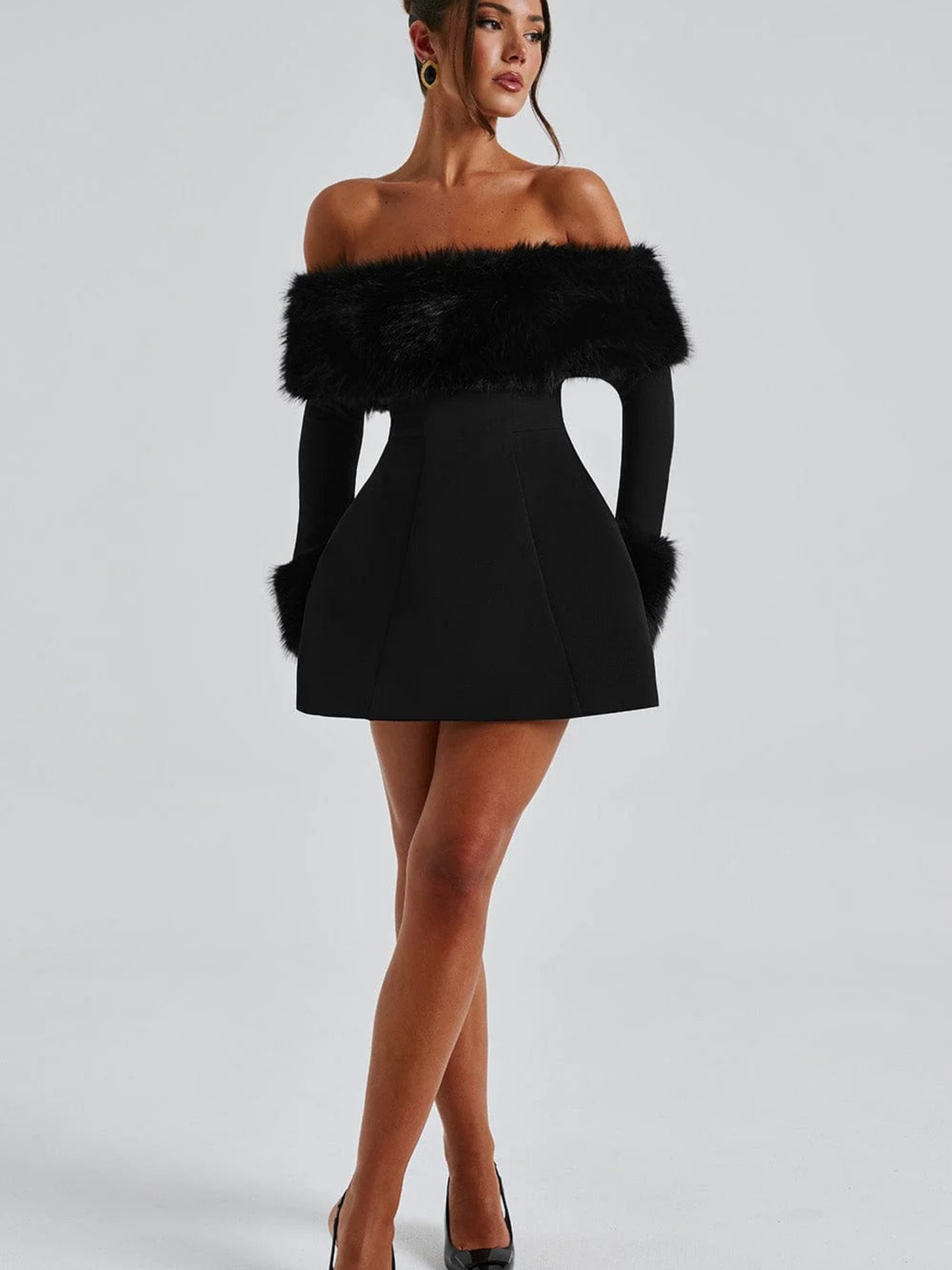 Women's Off-Shoulder Mini Dress with Faux Fur Trim
