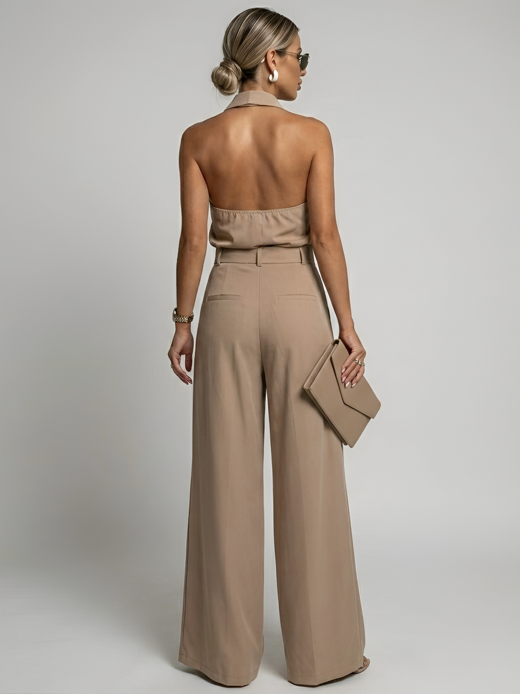 Women’s Halter Neck Wide-Leg Jumpsuit – Twist Front with Belted Waist