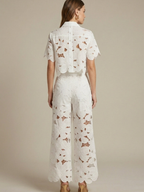 Women’s Lace Two-Piece Set – Cape Overlay Crop Top – Wide-Leg Trousers