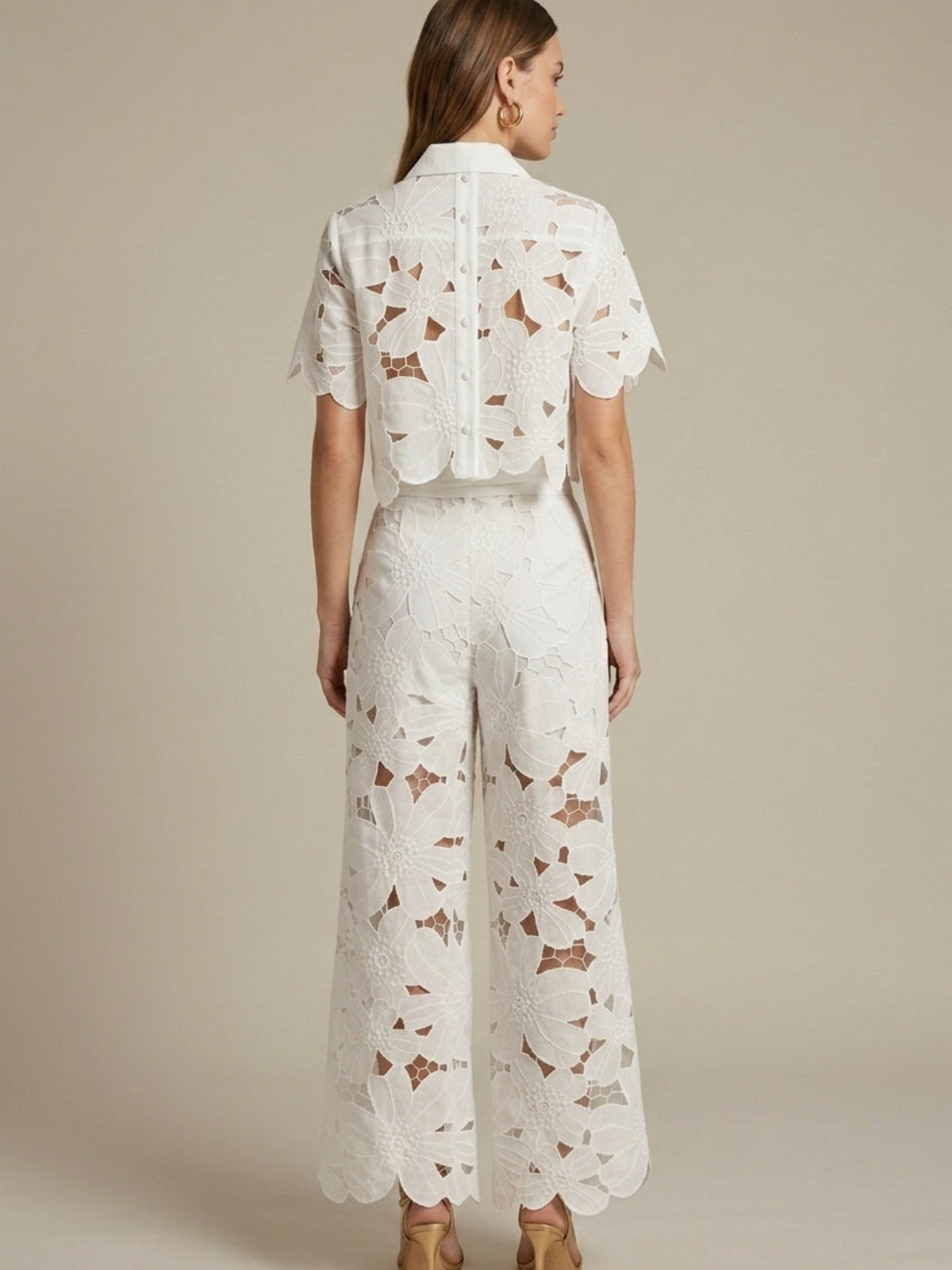 Women’s Lace Two-Piece Set – Cape Overlay Crop Top – Wide-Leg Trousers