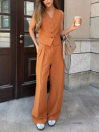 Women’s Sleeveless Button Front Vest & High-Waist Wide-Leg Trouser Set
