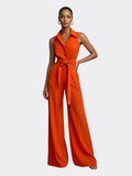 Women’s Sleeveless Wide-Leg Jumpsuit – Collar Neck – Button Front – Waist Tie