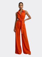 Women’s Sleeveless Wide-Leg Jumpsuit – Collar Neck – Button Front – Waist Tie