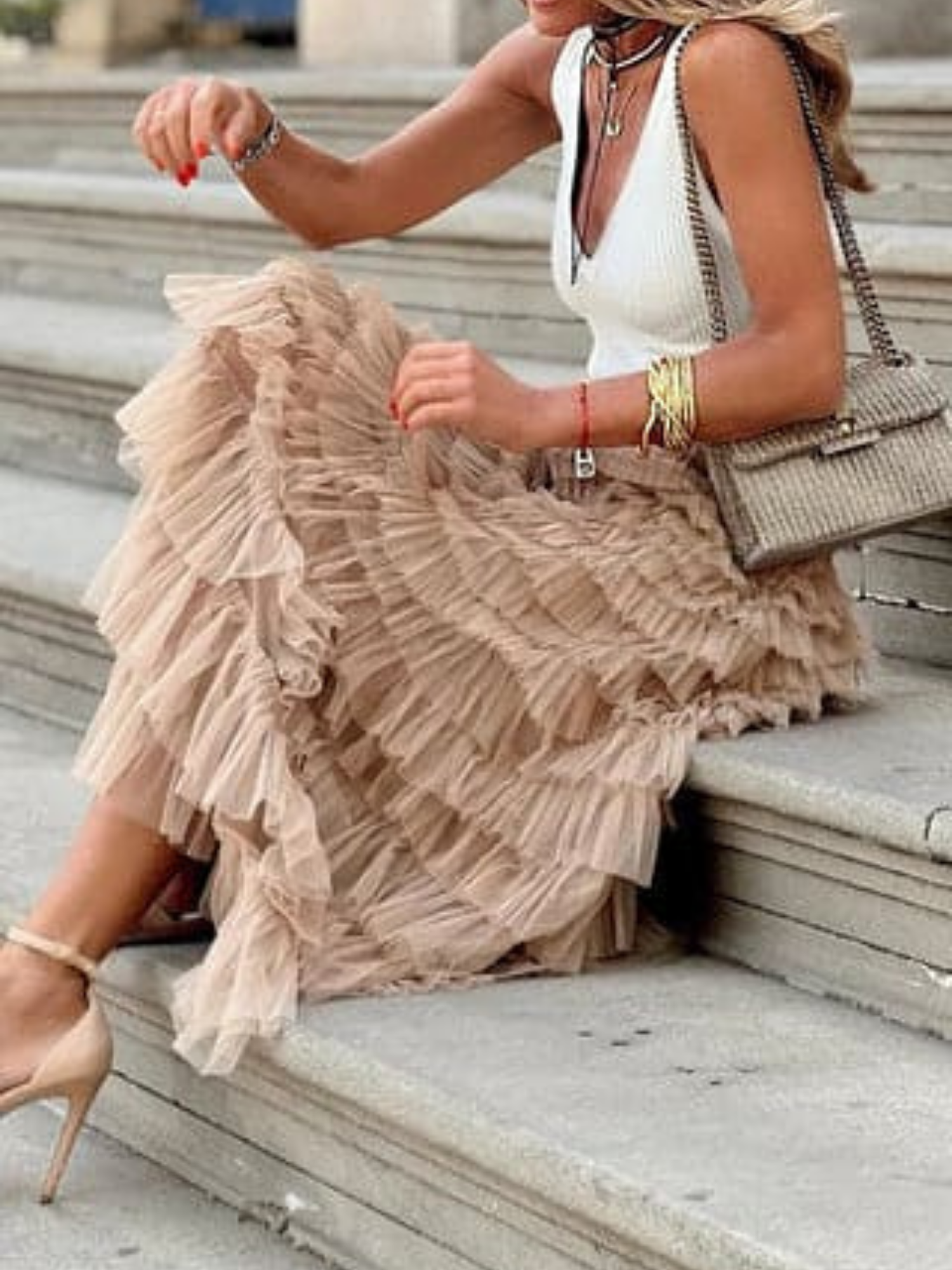Women’s Tiered Maxi Skirt – High-Waist Elasticated Multi-Layer Design