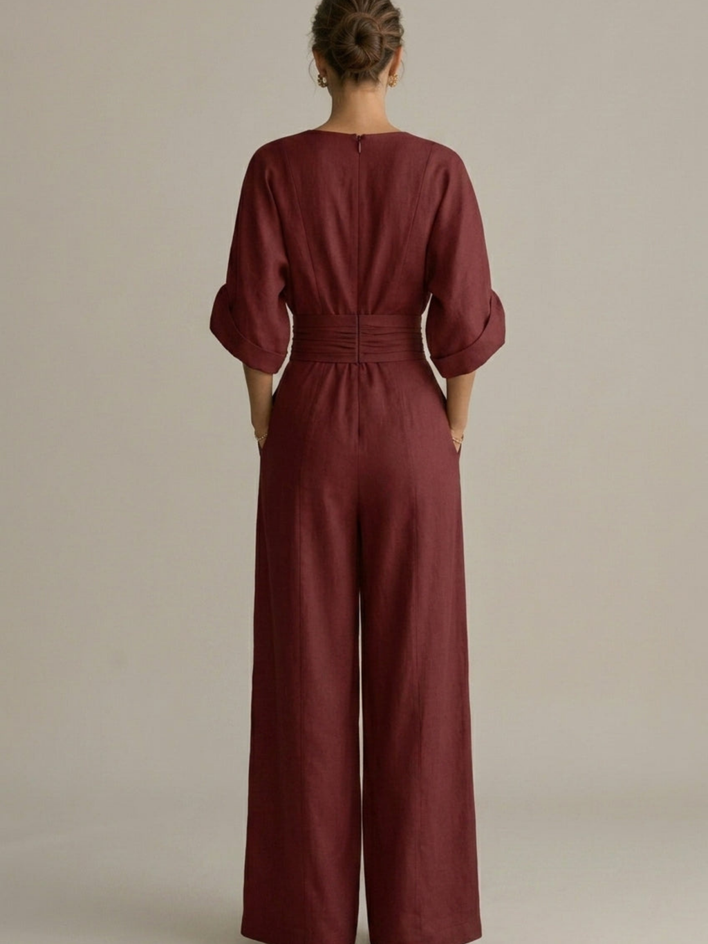 Women’s Wide-Leg Wrap Jumpsuit – V-Neck with Three-Quarter Sleeves