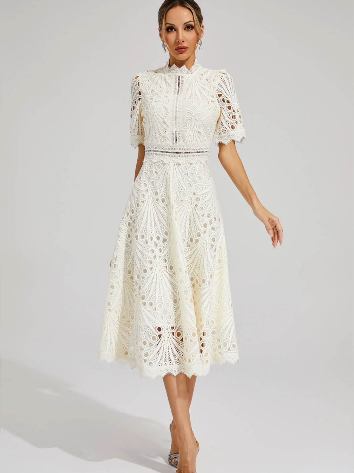 Women's Embroidered High Neck A-Line Midi Dress