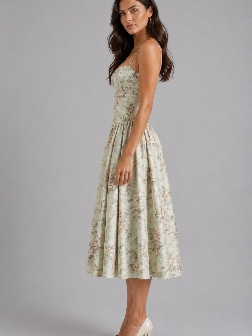 Floral Corset Midi Dress – Romantic Wedding Guest Elegance