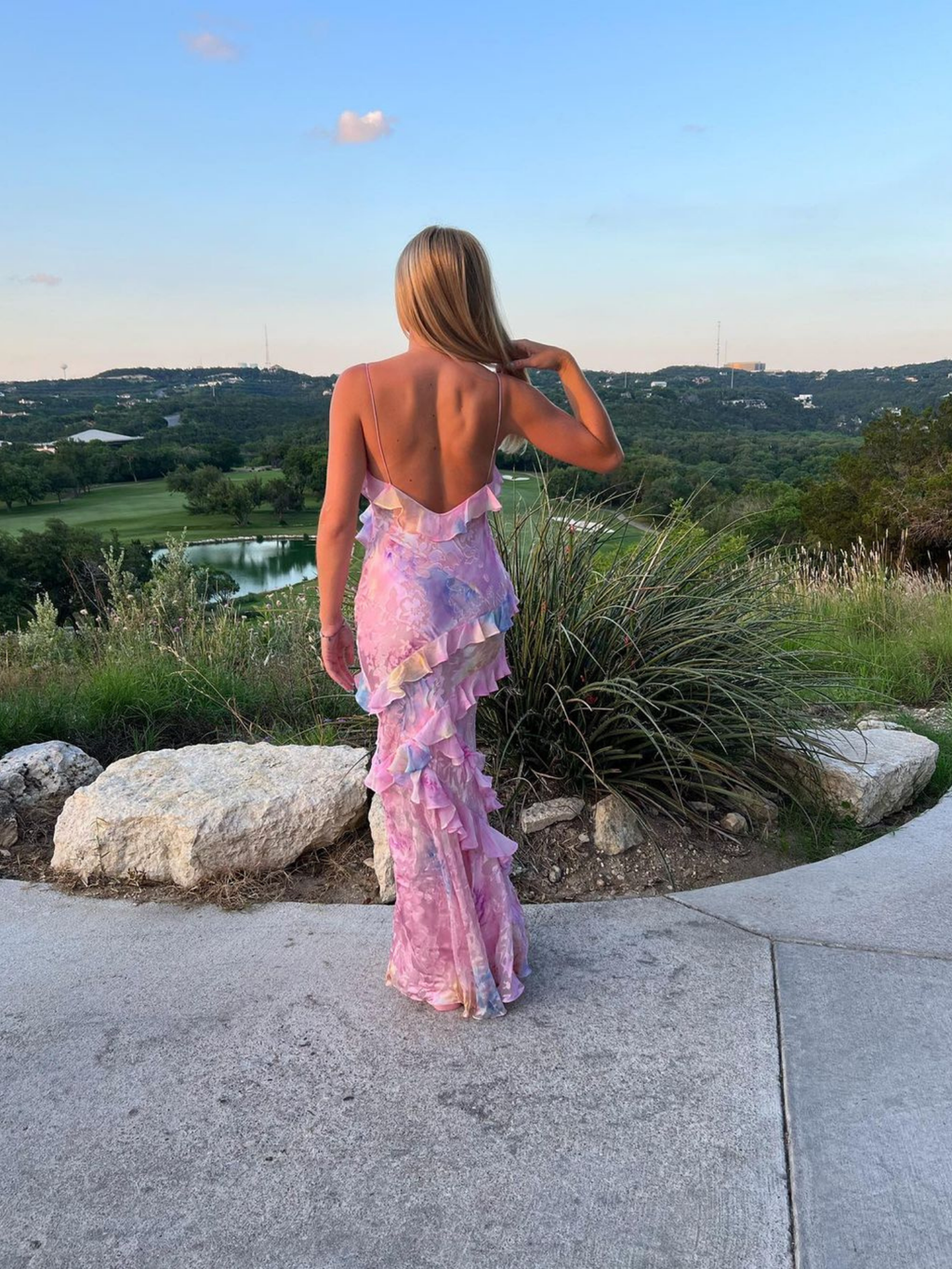 Women's Layered Ruffle Open-Back Maxi Dress