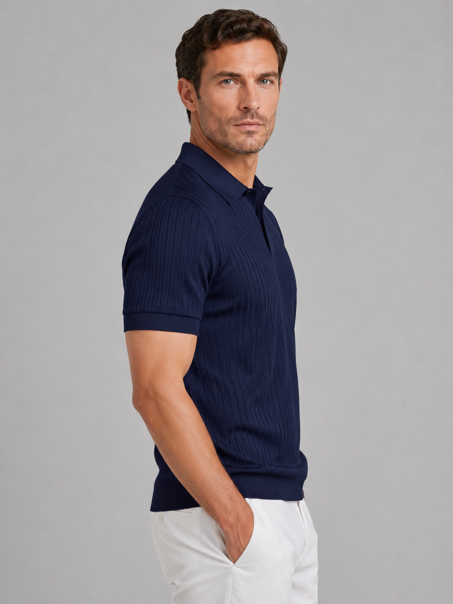 Men’s Ribbed Knit Polo Shirt – Tailored Short Sleeve Design