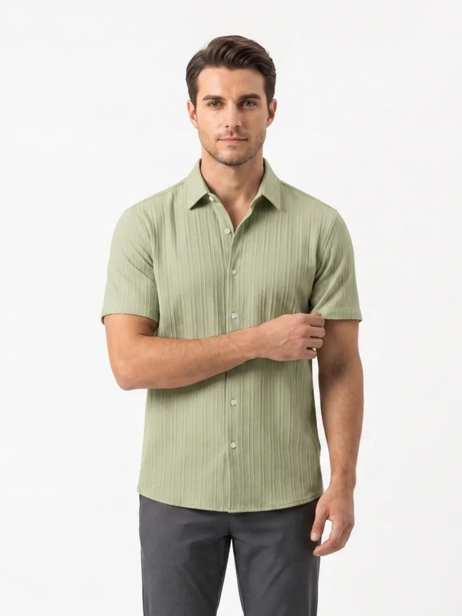 Men’s Short Sleeve Textured Button-Up Shirt – Slim Fit