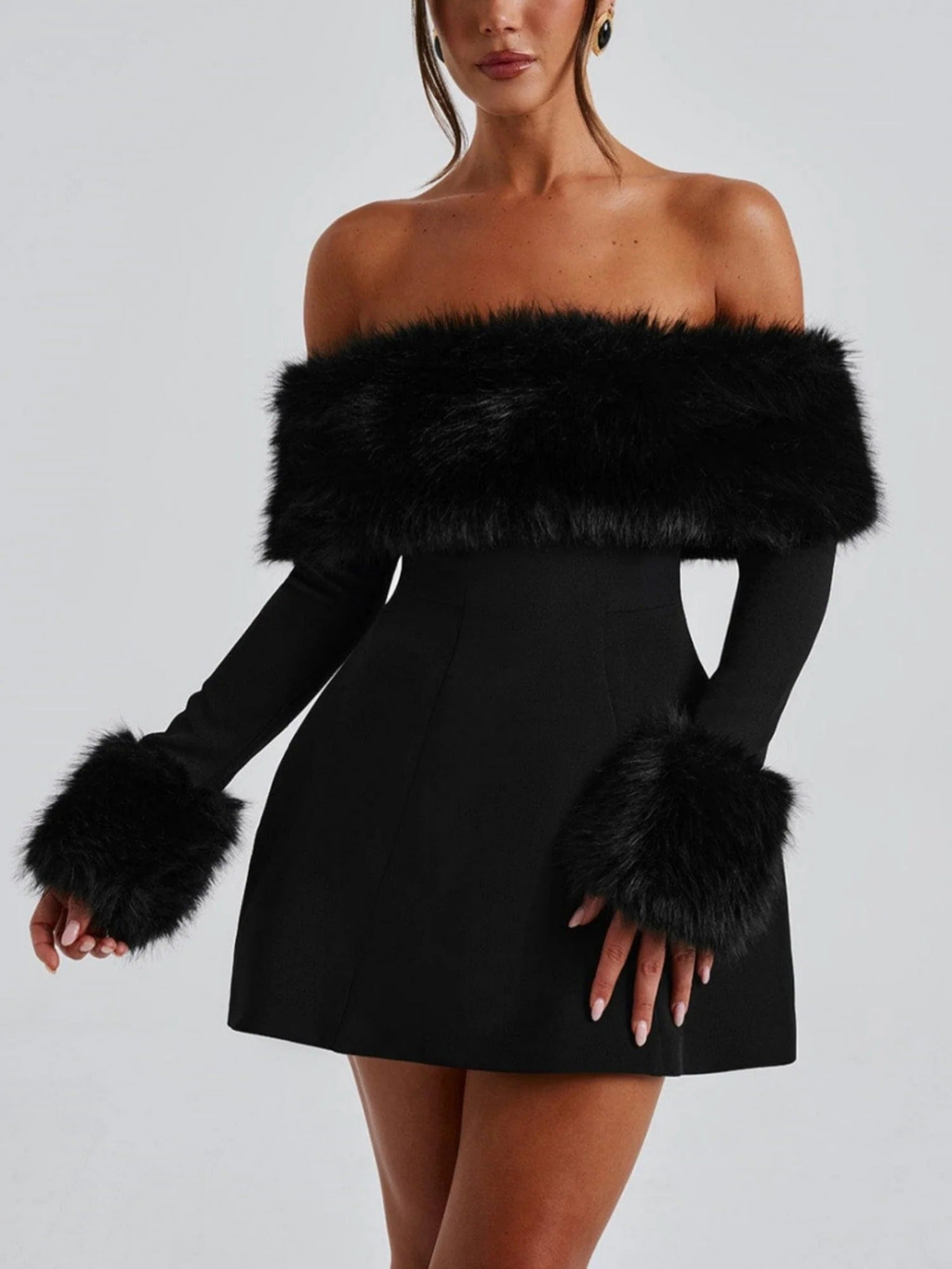 Women's Off-Shoulder Mini Dress with Faux Fur Trim