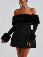 Women's Off-Shoulder Mini Dress with Faux Fur Trim