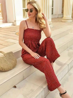 Women’s Polka Dot Wide-Leg Jumpsuit – Smocked Bodice with Shoulder Straps