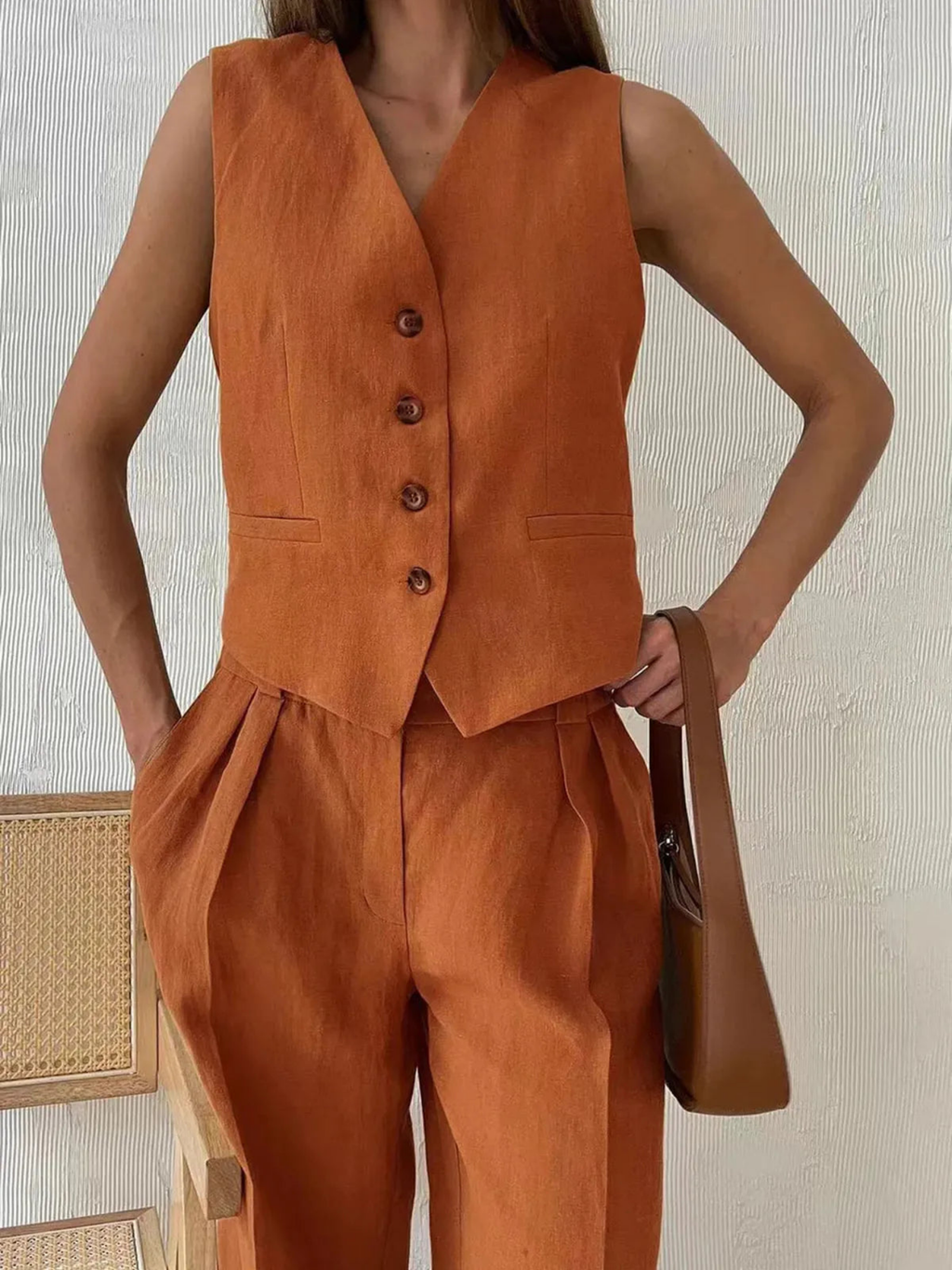 Women’s Sleeveless Button Front Vest & High-Waist Wide-Leg Trouser Set