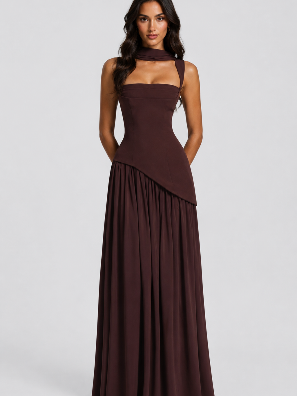 Draped Satin Maxi Dress – Modern Sculpted Elegance