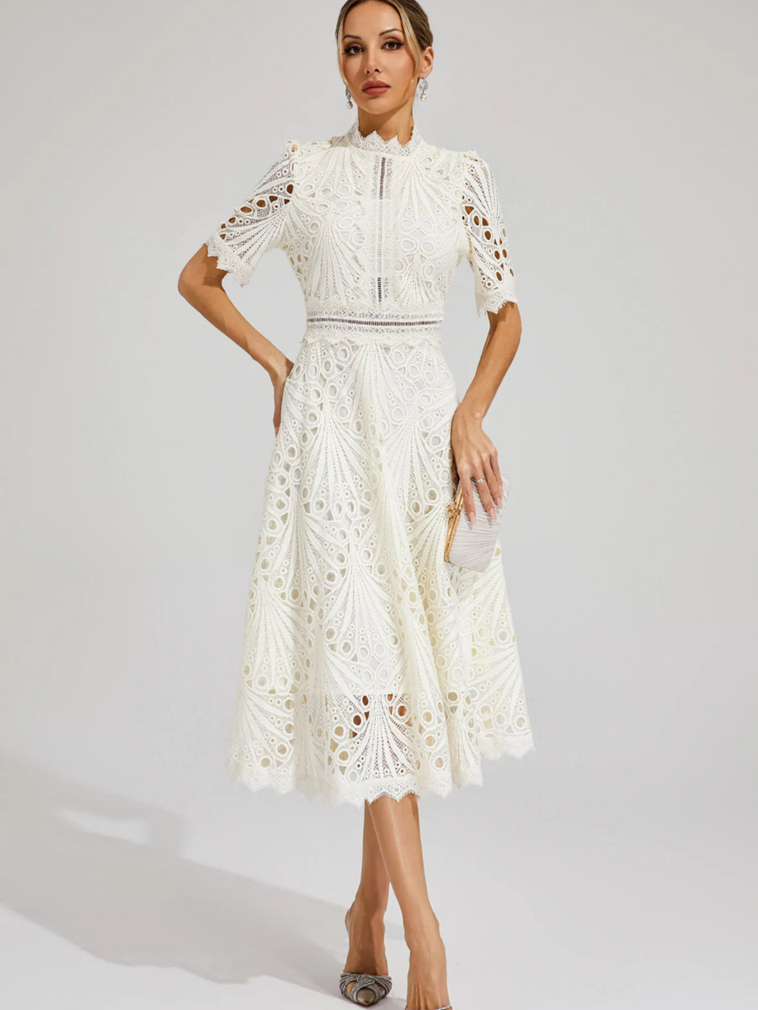 Women's Embroidered High Neck A-Line Midi Dress