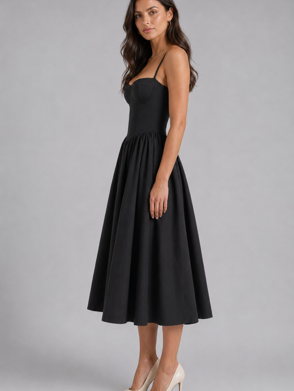 Floral Corset Midi Dress – Romantic Wedding Guest Elegance