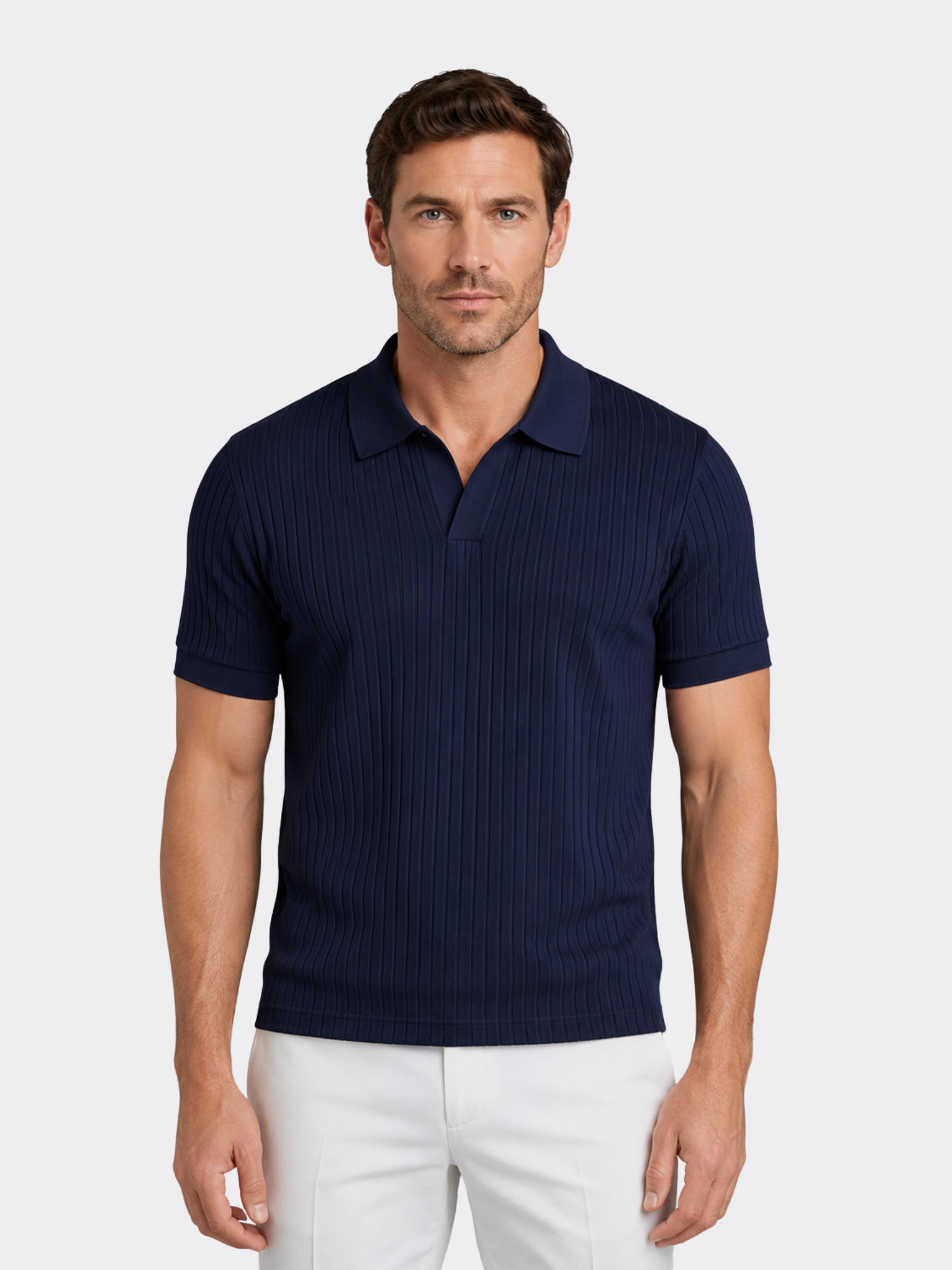Men’s Ribbed Knit Polo Shirt – Tailored Short Sleeve Design