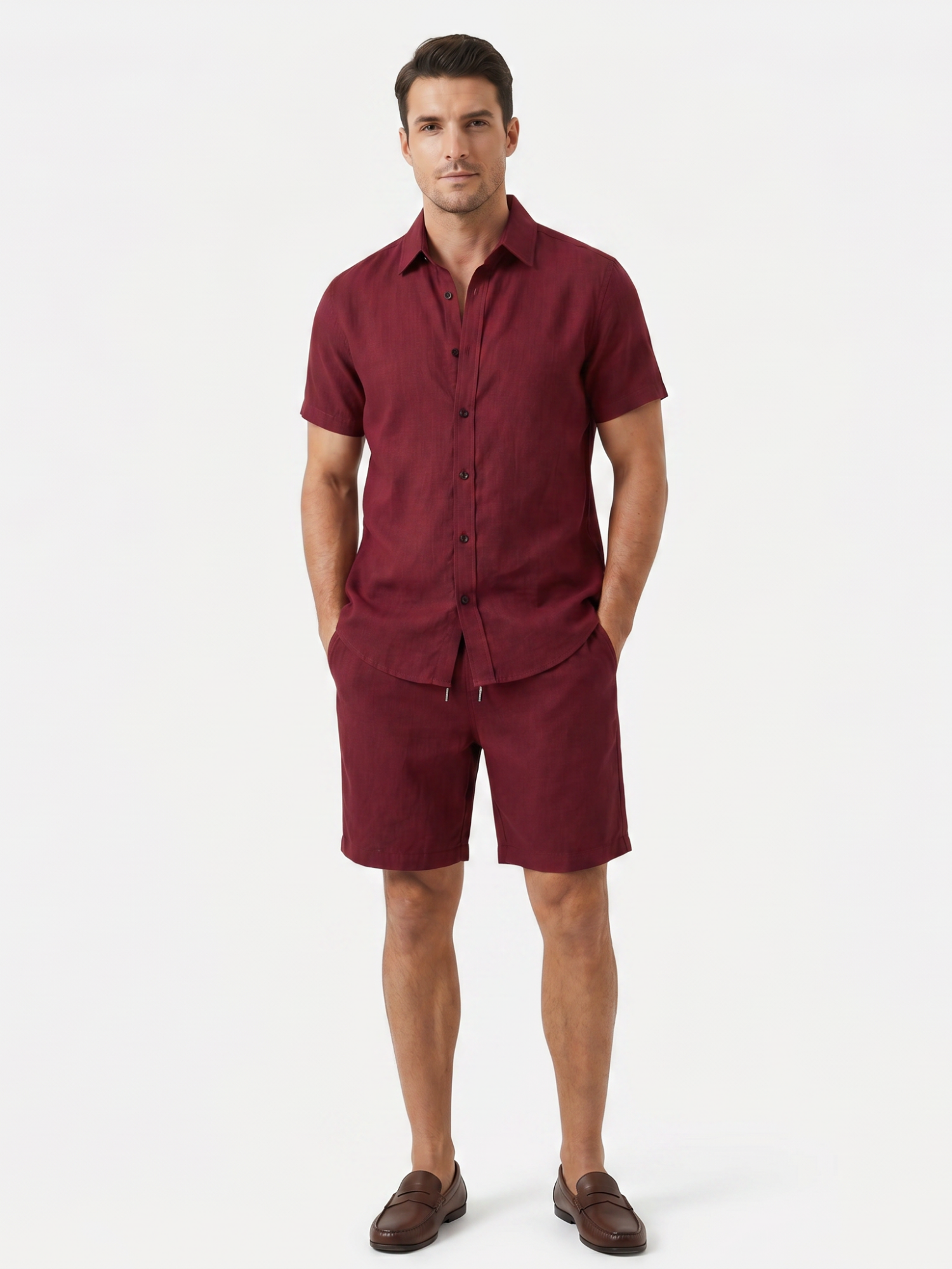 Men’s Short Sleeve Button Shirt and Shorts Two-Piece Set
