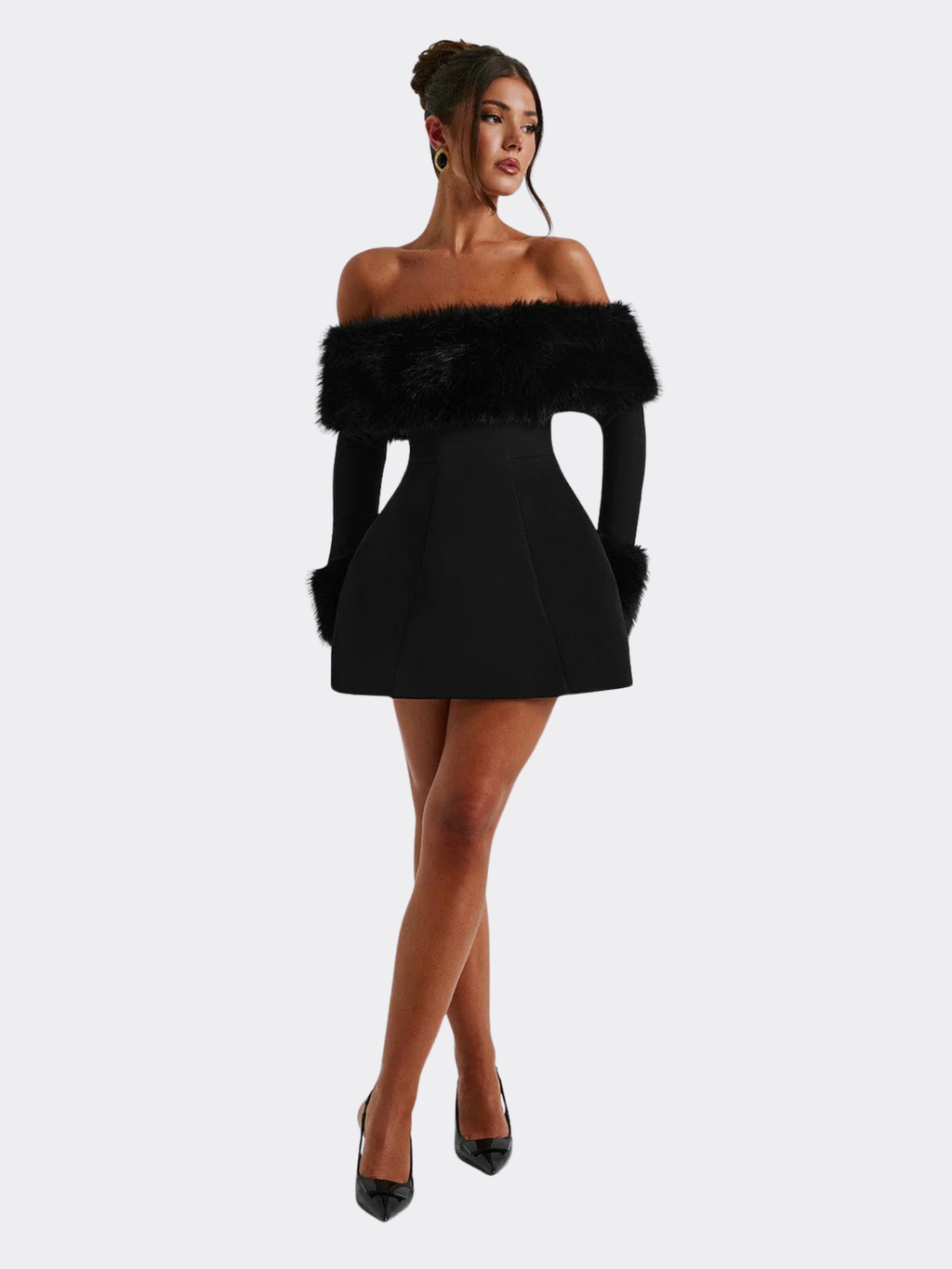Women's Off-Shoulder Mini Dress with Faux Fur Trim