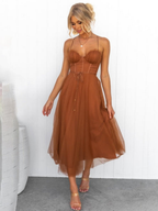 Women's Sleeveless Midi Dress with Round Neck and Flared Skirt