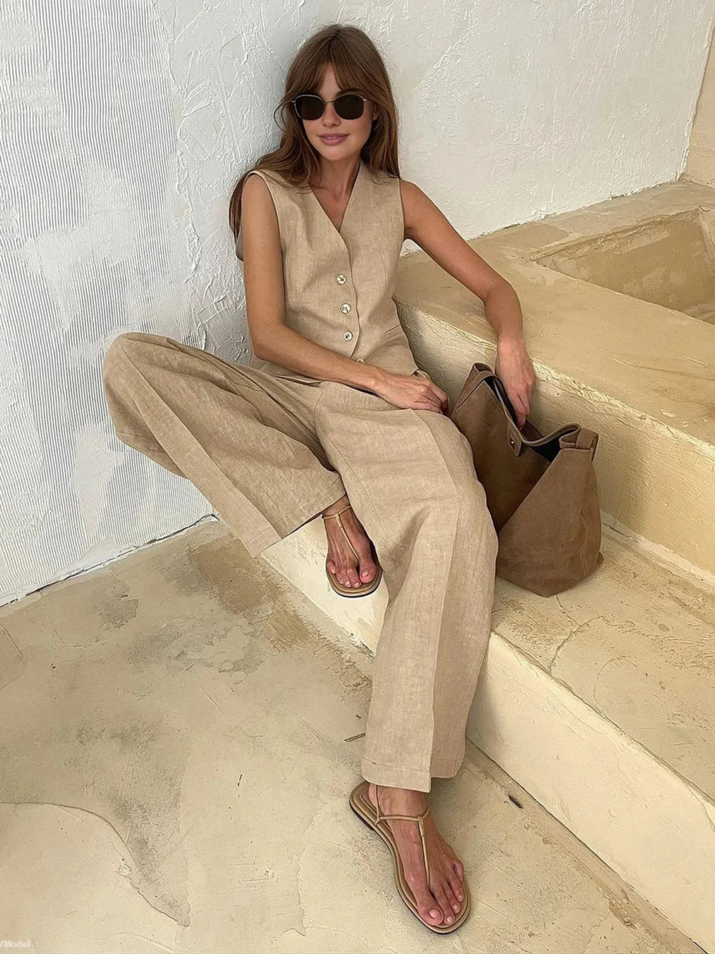 Women’s Sleeveless Button Front Vest & High-Waist Wide-Leg Trouser Set