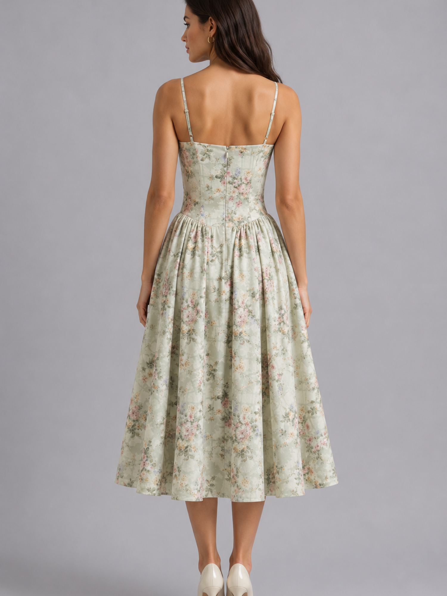 Floral Corset Midi Dress – Romantic Wedding Guest Elegance