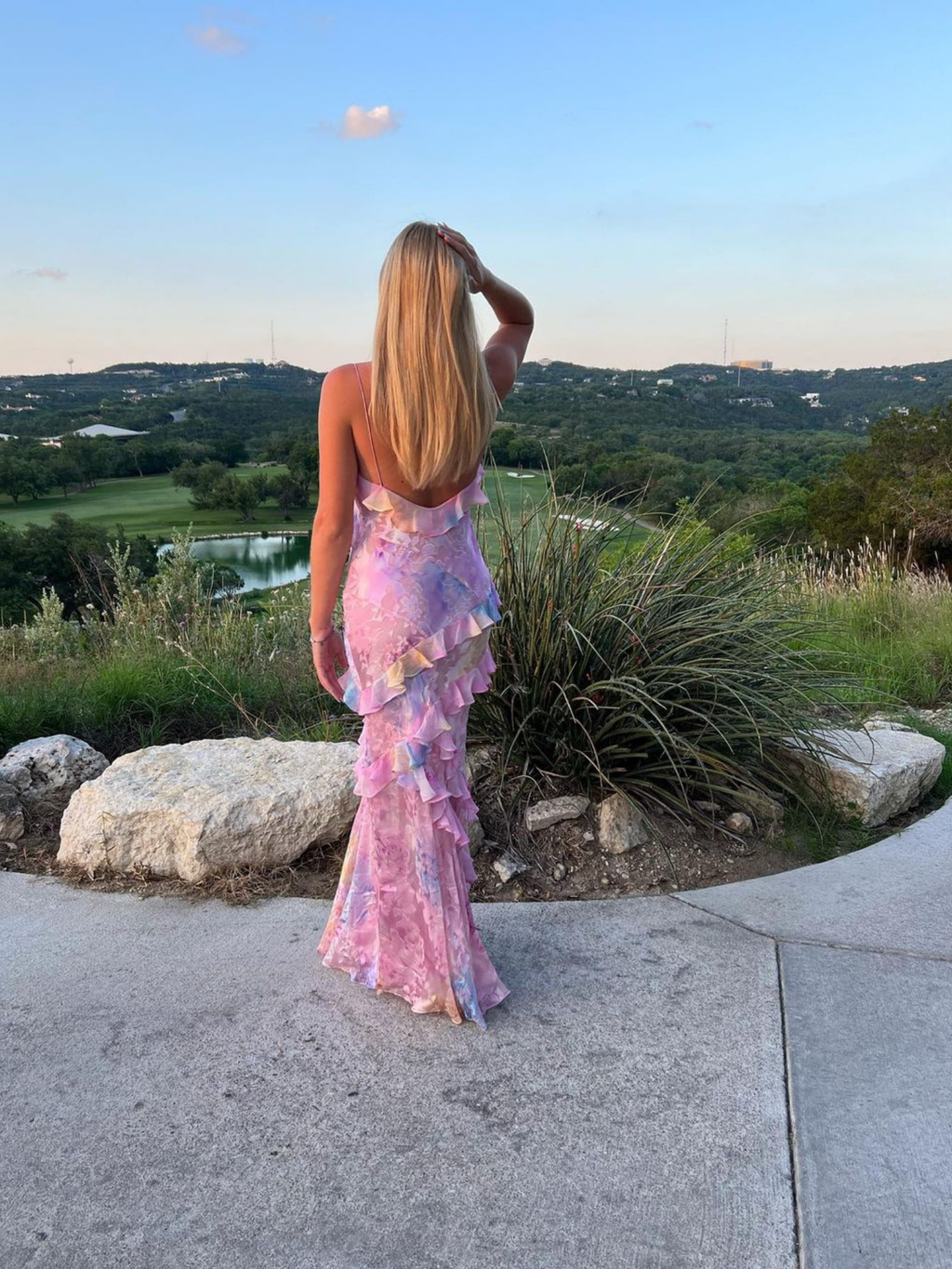 Women's Layered Ruffle Open-Back Maxi Dress