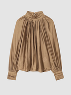 Women’s High-Neck Blouse – Long Sleeve, Draped Front Detail, Structured Fit